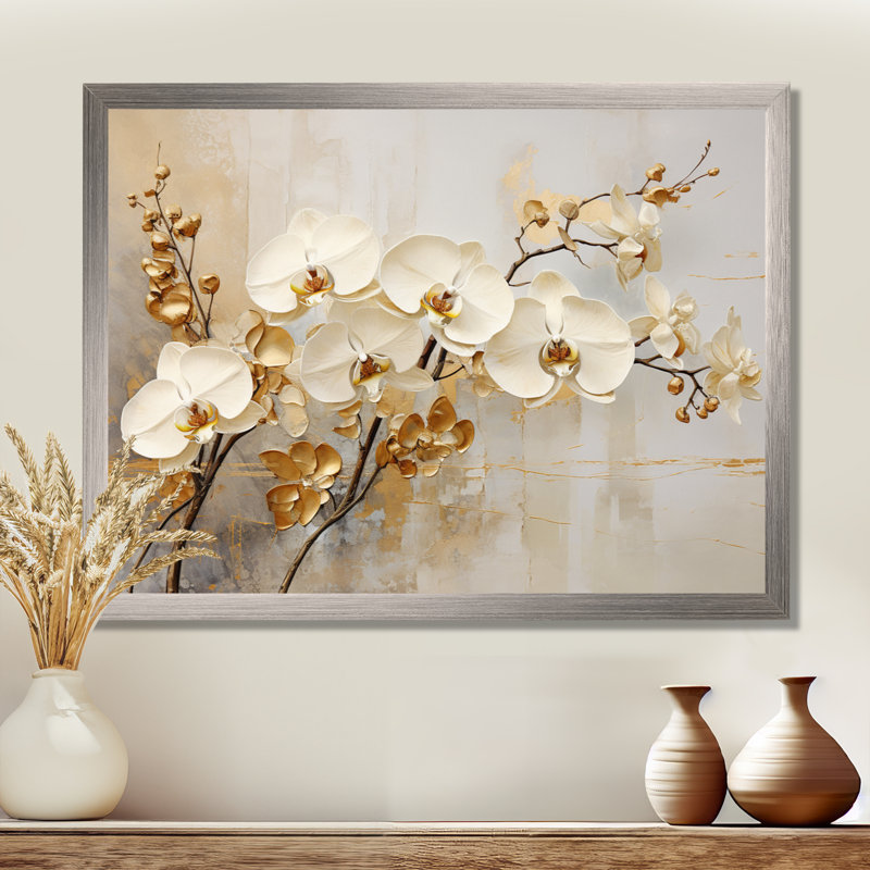 Minimalisme beige et orchidées dorées - impressions sur toile orchidées, H 34 po x l 44 po, Cadre photo unique, Argent argent