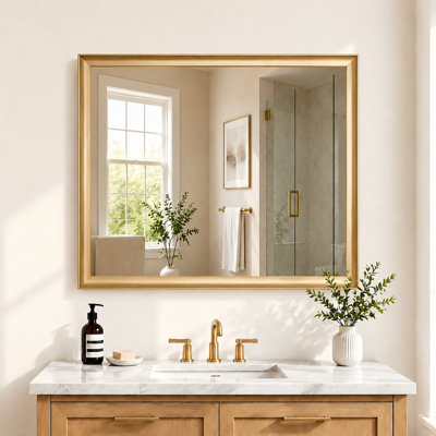 30X40 Inch Brushed Gold Metal Framed Bathroom Mirror, Hd Tempered Glass Wall Mounted Vanity Mirror
