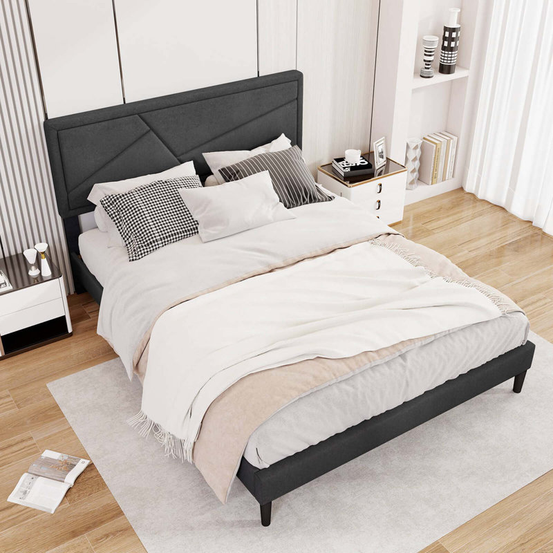 Bed Frame with High Headboard & Wooden Slats No Box Spring Needed, Queen