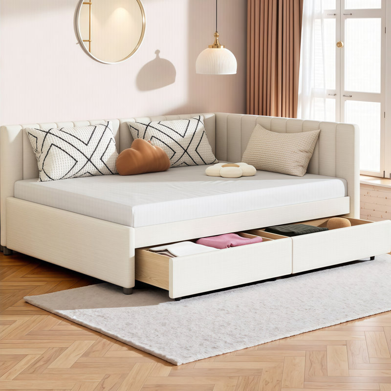 VARELON Durable Upholstered Storage Daybed Twin/Full Size with 2 Drawers - No Box Spring Needed, Full / Double, Beige