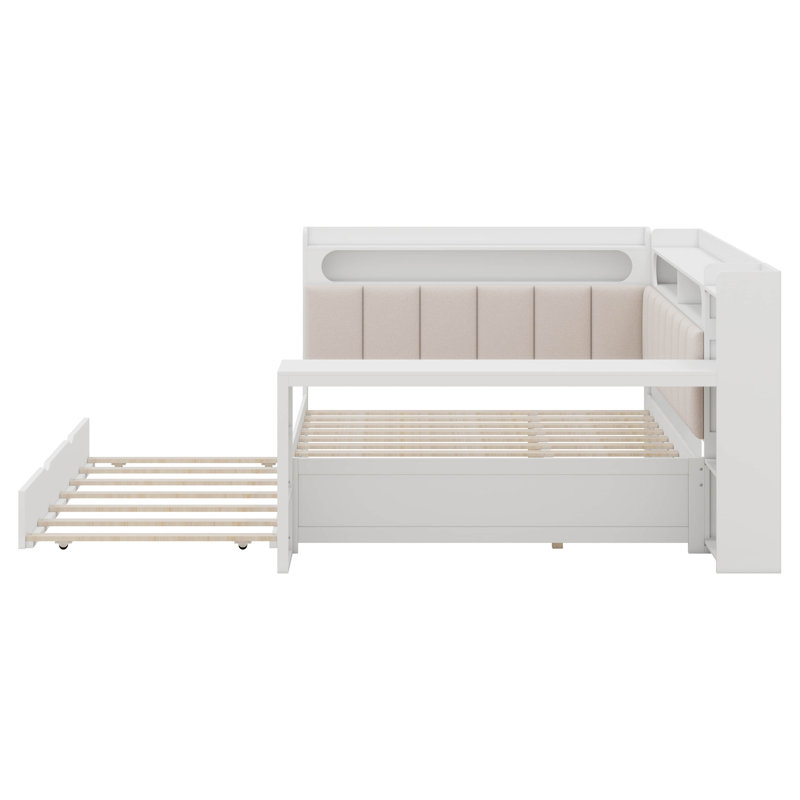 Full Size Daybed With Trundle,L-Shaped Storage Shelves And Desk,Wood Corner Bed With LED, White/Beige