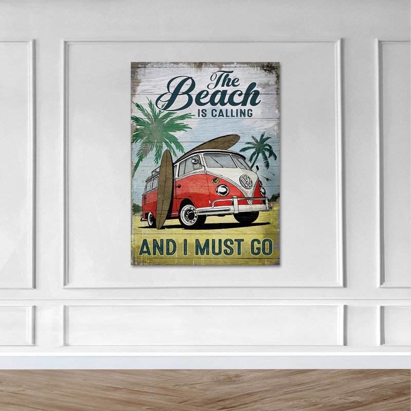 Beach Van - «The Beach Is Calling And I Must Go», toile tendue avec châssis - Illustration de plage, décor de salon vert