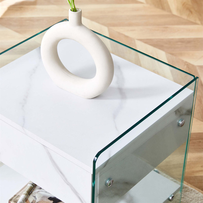 Simple and Elegant Bedside Table with Drawers, Featuring MDF Sticker Board and Transparent Tempered Glass, Ideal for Storage and Various Scenarios.