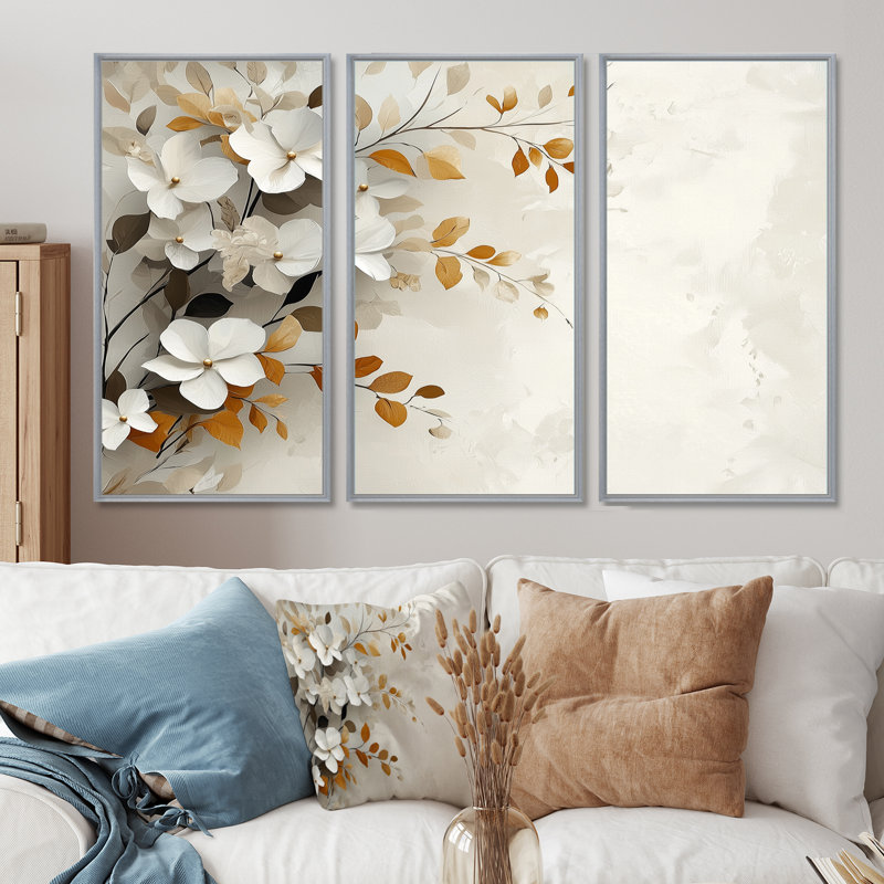 Ensemble de salon art mural cerisiers en fleurs gris brun et cerisiers en fleurs II, Toile argentée avec cadre flottant