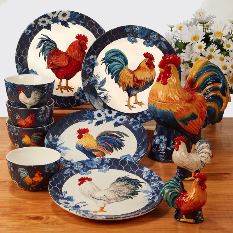 Indigo Rooster Ceramic 16-Piece Dinnerware Set, Service for 4