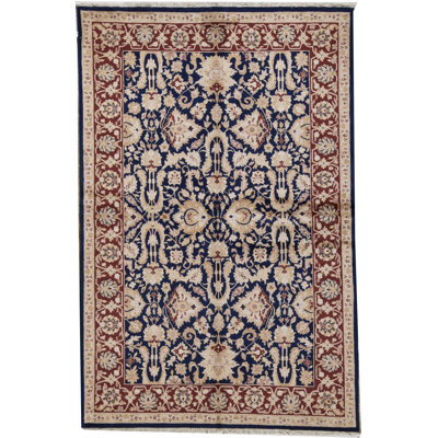 Tapis bleu marine et rouille de haute qualité noué à la main