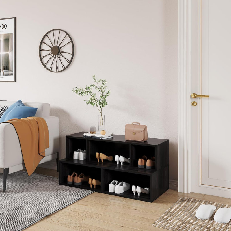 Shoe Rack Bench, Entryway Shoes Organizer With 5 Compartments, FSSR020, Obsidian Wood