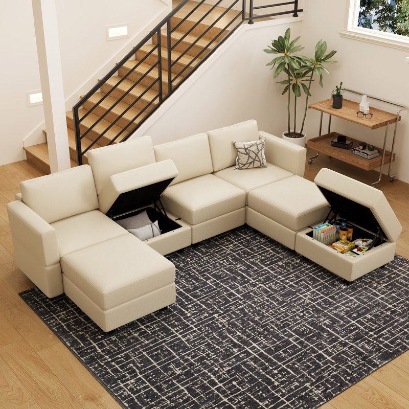 Colusa Faux Leather 7-Seat U Shaped Couch Storage Sectional Sofa Memory Foam Sofa With Ottoman Chaise Longue For Livingroom