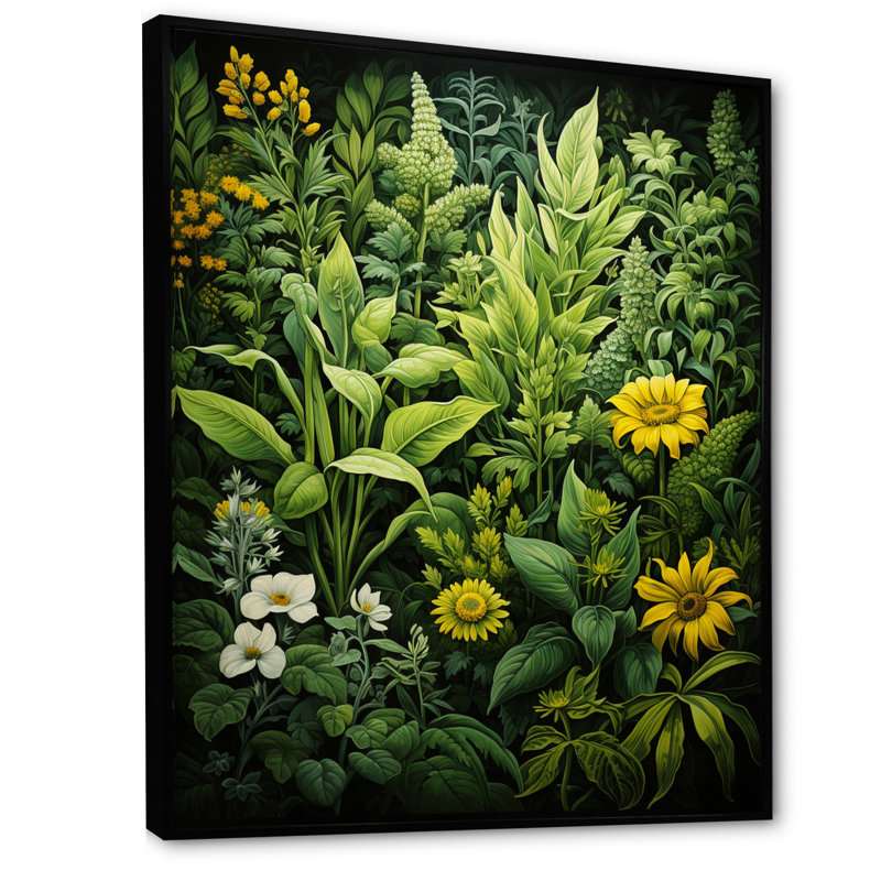 Cenaida " Herbs Collage Harmony ", 44" H x 34" W x 1.5" D, Black Floater Framed