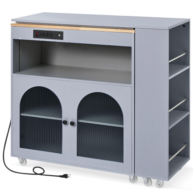 Rolling Kitchen Island With Extended Table, Kitchen Island On Wheels With LED Lights,Power Outlets And 2 Fluted Glass Doors, Kitchen Island With A Storage Compartment And Side 3 Open Shelves, Grey