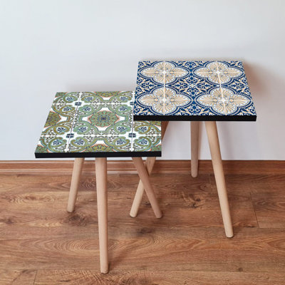 Elegant Nesting Table Set (2 Pieces), Green & White, Navy Blue & Beige | 100% MDF with Beech Wood Legs | Larger Table: 13.8 x 18.5 x 13.8 inches, Smaller Table: 13.8 x 16.5 x 13.8 inches | Stylish Oriental Geometric Design for Modern Spaces