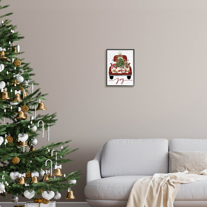 «Joy Holiday», camion-cadeau rouge encadré par estampe numérique, H 14 po x l 11 po x P 1,5 po, Giclée encadrée noir minuit