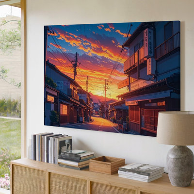 Canvas Wall Art A Japanese Street At Sunset Bathed In Golden Orange And Deep Blue Hues The Sky Is Filled Premium Quality Ready To Hang