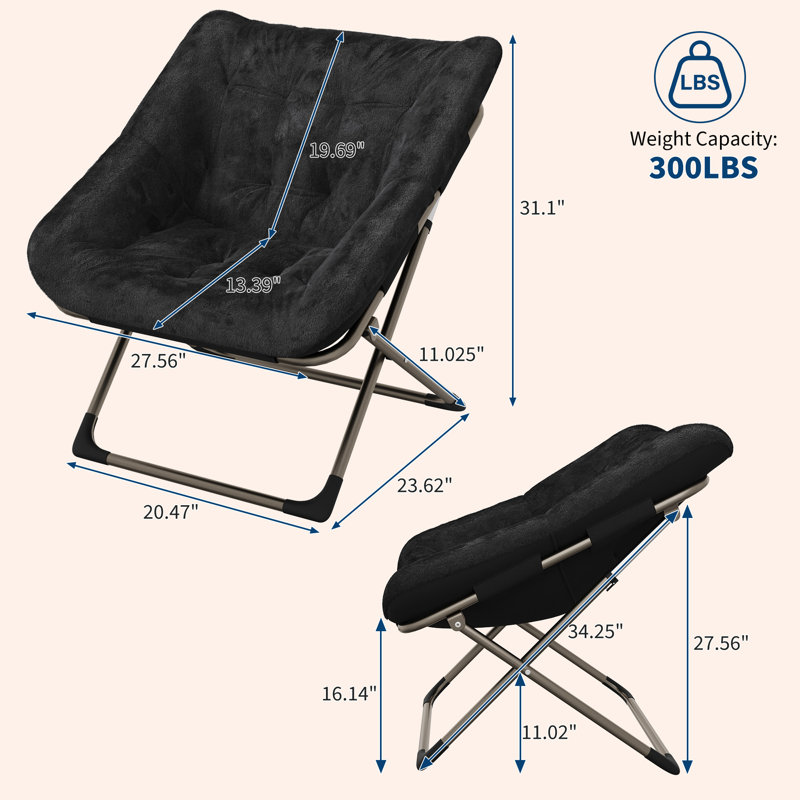 Oversized Faux Fur Folding Saucer Chair for Adults - Comfy Moon Lounge Accent Chair, Sturdy Metal Frame, 300 lb Capacity, No Assembly, for Living Room/Bedroom/Dorm - Color: Black + Gold Legs