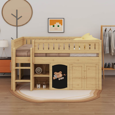 Lit mezzanine double avec armoire de rangement et tableau noir