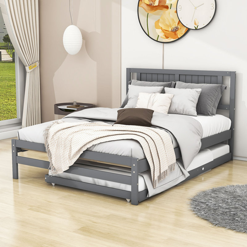 Alvilda Full Size Wooden Platform Bed with Adjustable Trundle and Headboard, Gray