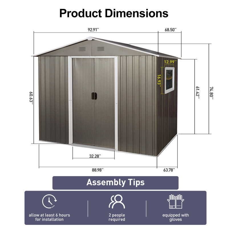Remise de rangement extérieure en métal avec fondation en métal et fenêtre, Gris, H 74,8 po x l 88,98 po x P 63,78 po