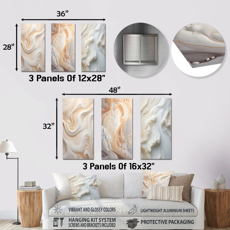 Abstract Milky White Flow - Abstract Shapes Metal Art Print Set Of 3, 28" H x 36" W