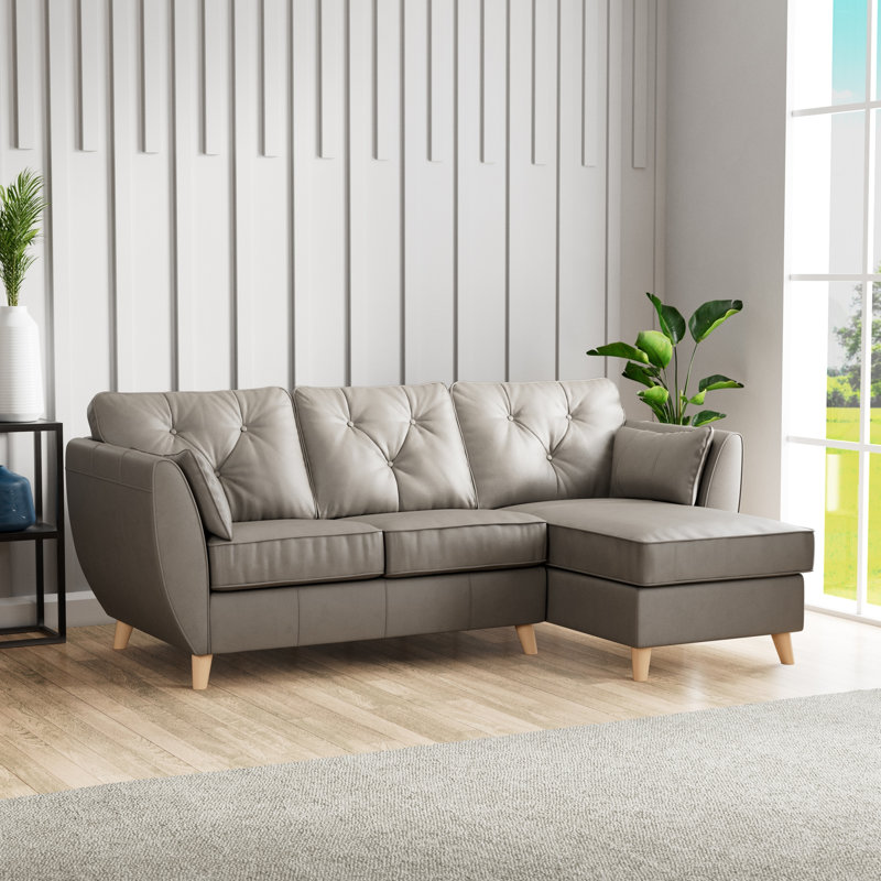 Hoxton 3 Seater Leather Maxi Sofa Chaise, Right Hand Facing, Stone, Light Wood