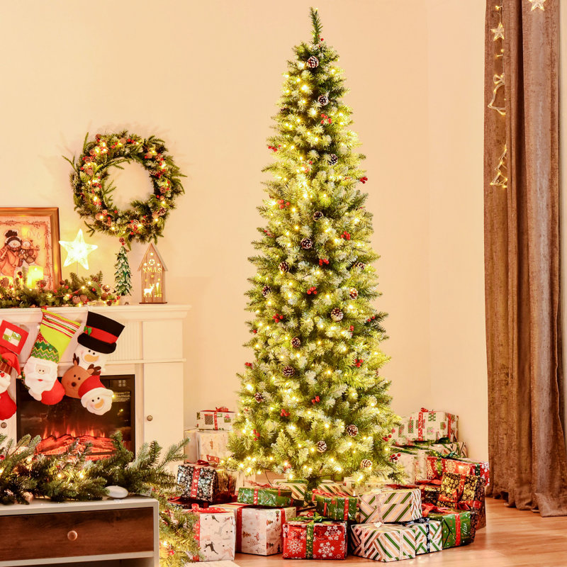 Arbre de Noël artificiel pré-éclairé avec pommes de pin, baies rouges, 460 lumières DEL et 1298 pointes, 7.1'
