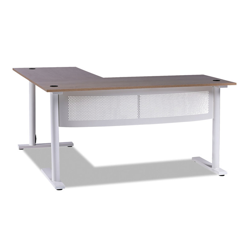 Beigewood and White L-Shaped Writing Desk with Metal Base