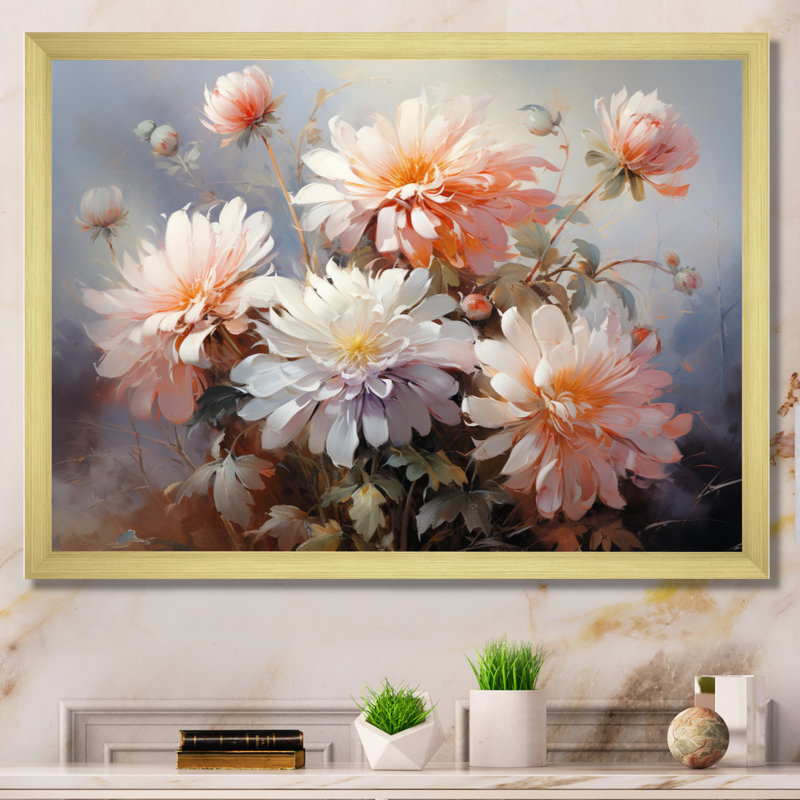 Impression romantique Sulgrave Peach Chrysanthemums III, H 16 po x l 32 po x P 1 po, Cadre doré à une seule photo