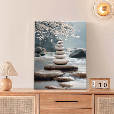 Zen Wall Art, Cherry Blossom Pictures Wall Decor, Zen Stone Canvas Prints Painting, Framed Artwork For Meditation Room Bedroom Bathroom Living Room Dining Room Office 16"X12"