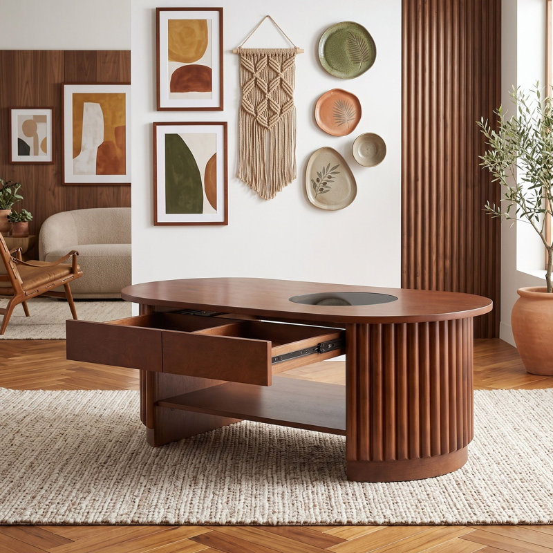 Table basse ovale cannelée de style Mid-Century avec insert en verre, tiroirs et tablette, Brun