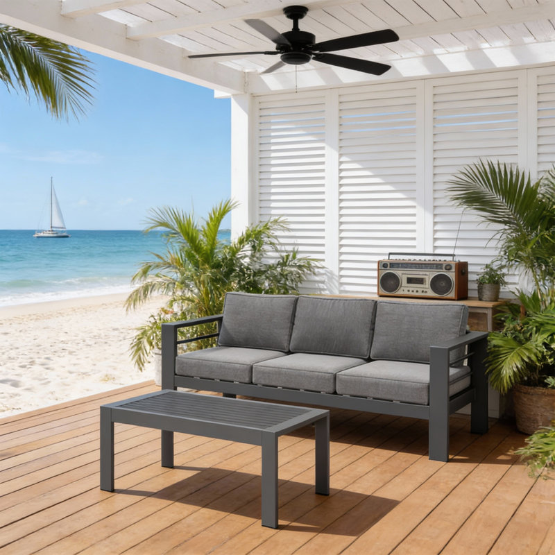 2-Piece All-Weather Metal Patio Set, 75"" 3-Seat Gray Sofa with 43"" Coffee Table, Gray, Gray