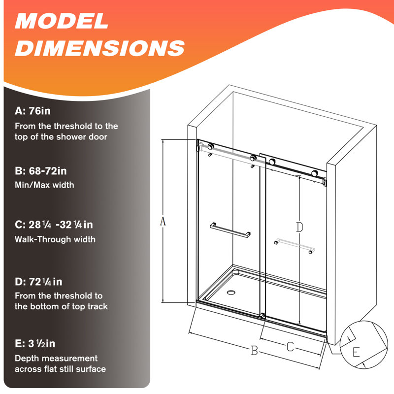 68"-72"W x 76"H Frameless Double Sliding Shower Door with 3/8" SGCC Tempered Glass, 304 Stainless Steel Hardware, Matte Black