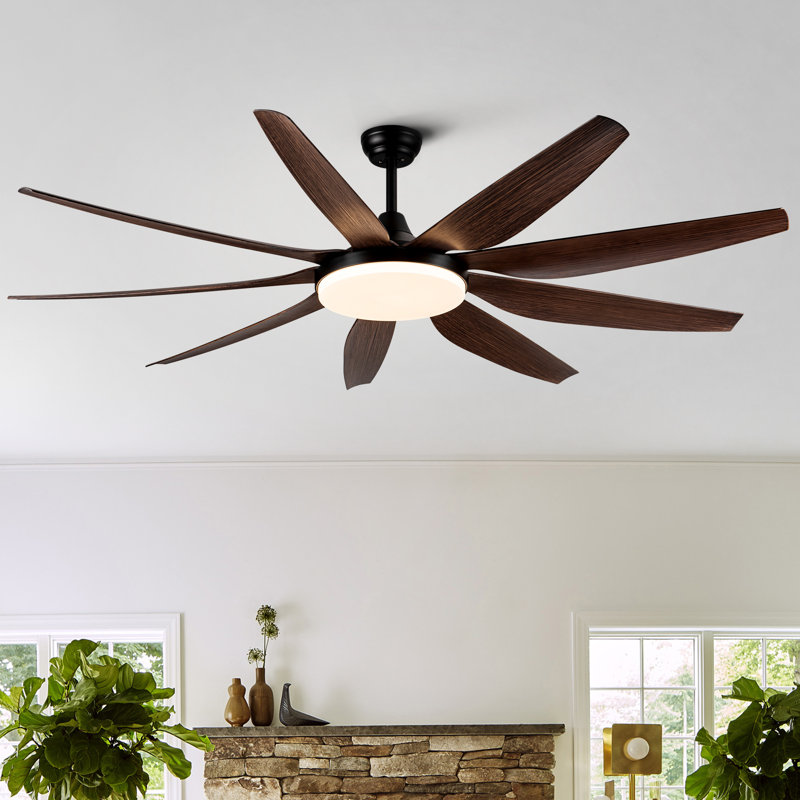 Oversized Industrial Large Black Ceiling Fan with LED Lights and 9 Aluminum Blades, Black with Brown Blade, 71