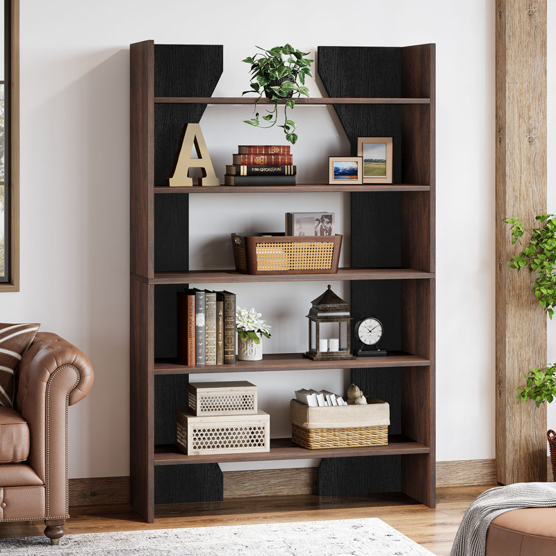 Bibliothèque en bois à 5 niveaux avec tablettes de rangement ouvertes