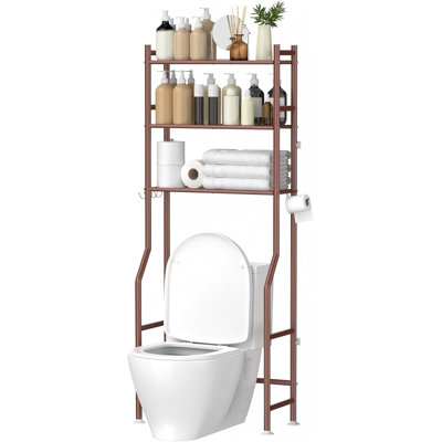 Rangement au-dessus de la toilette à 3 niveaux, tablettes de salle de bain en métal peu encombrantes, tablette de rangement autoportante au-dessus de la toilette avec 4 crochets pour la salle de bain