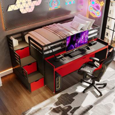 Twin XL Loft Bed with Pull-Out Desk and Twin Trundle, Multi-Functional Bunk Bed with 2 Storage Drawers and Storage Steps, Space-Saving Gaming & Workstation Bedframe