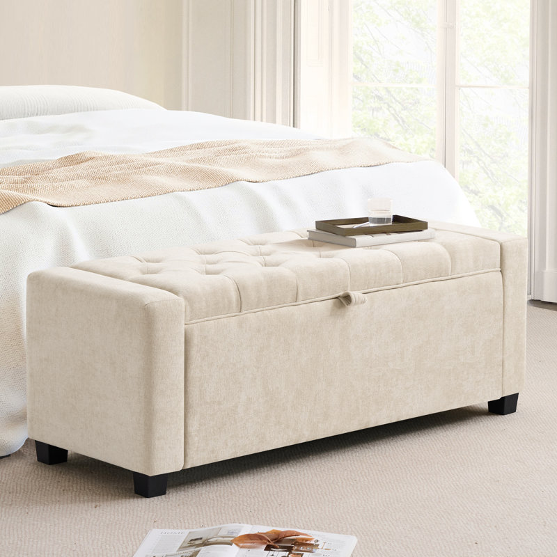 43" Storage Ottoman Bench, Linen Upholstered Tufted Bench For Living Room Bedroom Entryway, Beige