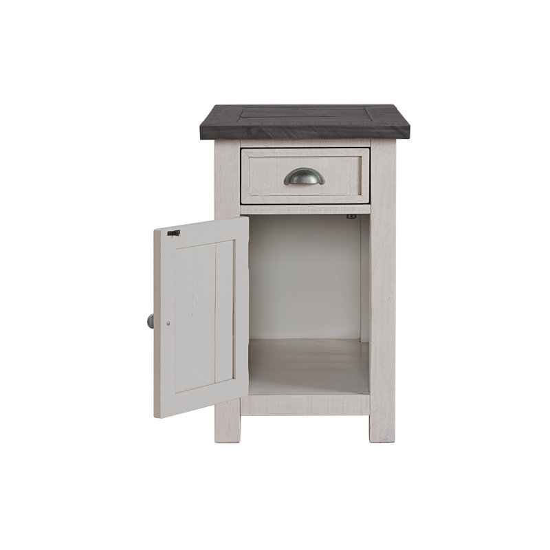 Balsam 25'' Tall Solid Wood End Table with Storage and Built-In Outlets, Gray/White