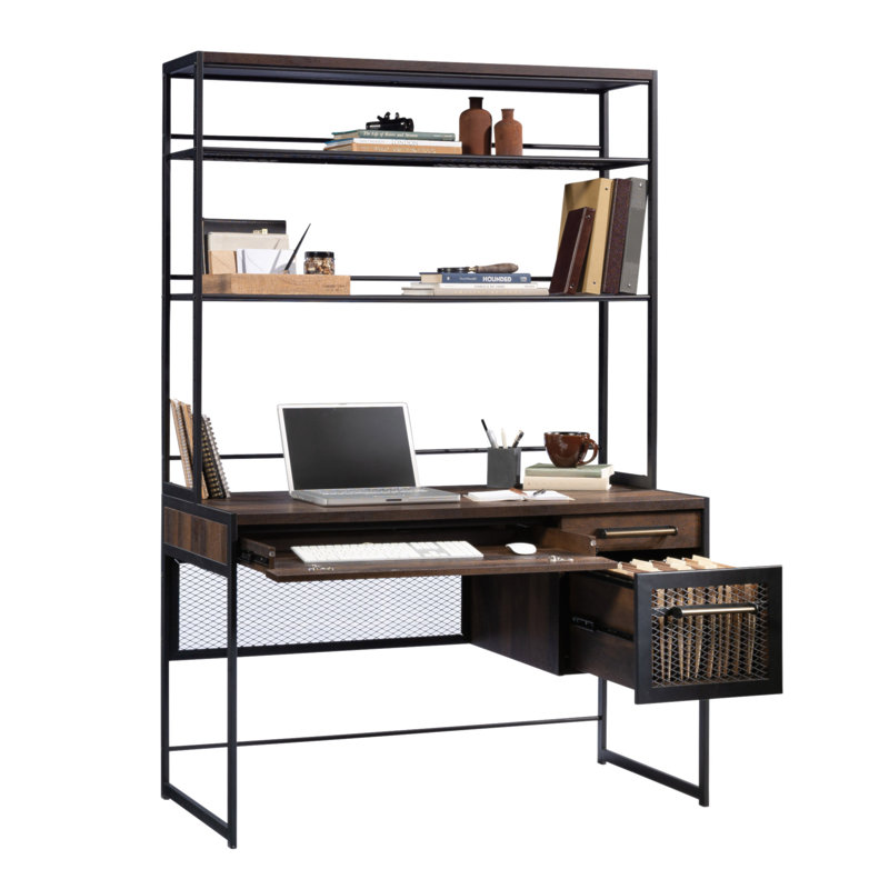 Bureau industriel avec huche, finition brune