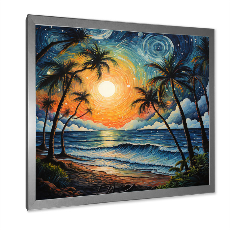 " Beach Tropical Vibes Pointillism I ", 36" H x 36" W x 1.5" D, Silver Single Picture Framed
