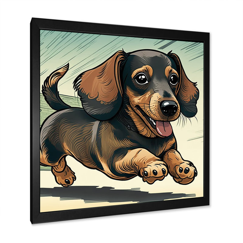 Caricature de teckel ludique - reproduction sur toile, L 16 po x H 16 po, Impression noire sur toile encadrée