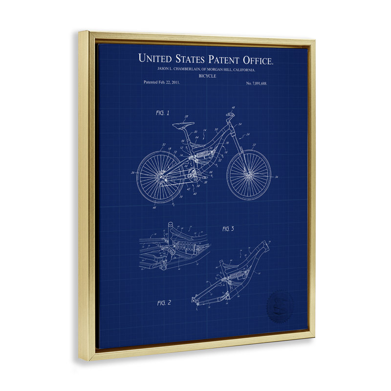 Detailed Bicycle Blueprint Gold Framed Floater Canvas Wall Art by Karl Hronek, Cadre flottant métallique doré