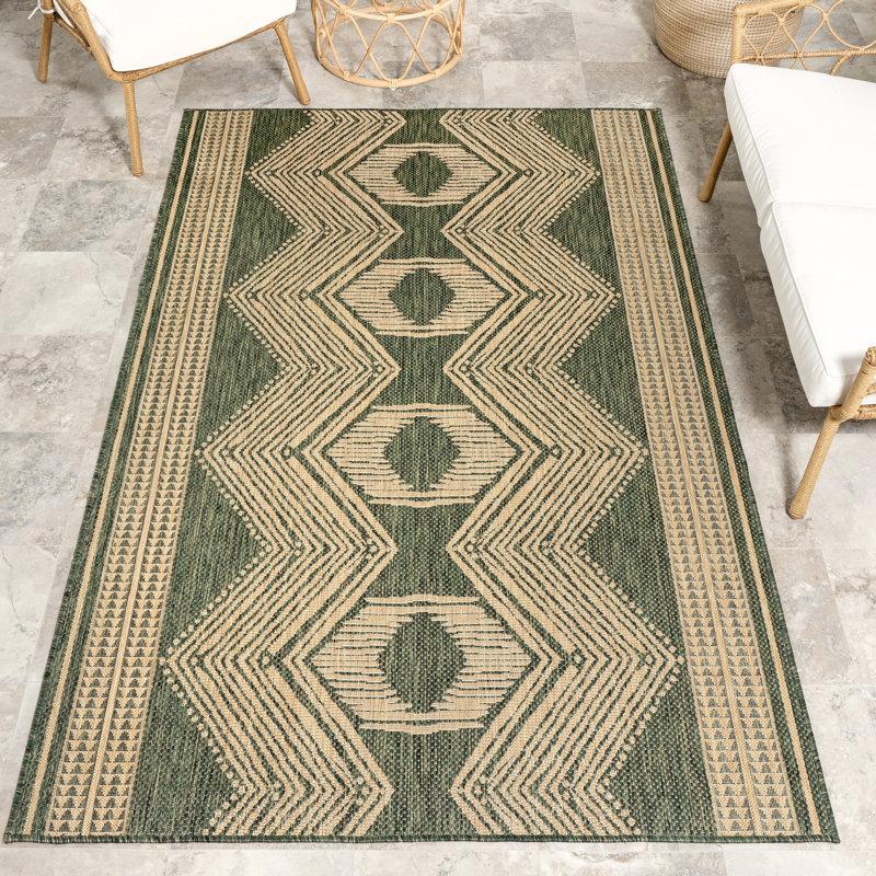 Tribal Indoor/Outdoor Area Rug, Rectangle 10' x 14', Green/Ivory