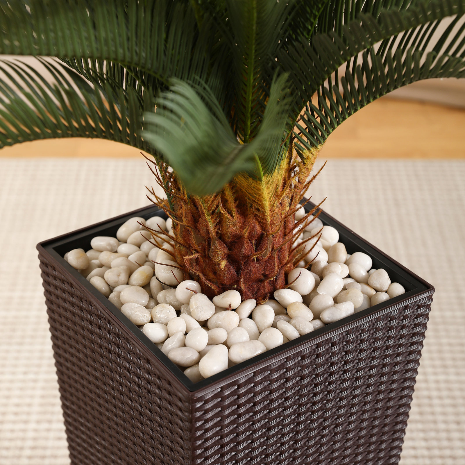 Adcock 4ft UV Resistant Artificial Cycas Plant with Tall Planter for Indoor Outdoor Office Home Decor, Brown