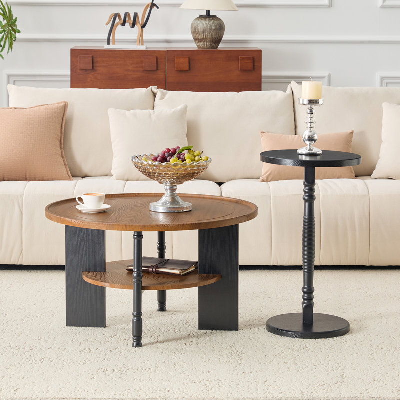 Ensemble de 2 tables basses et tables d'appoint rondes, formation de vide en PVC, table basse de 31,5 po avec rangement et table d'appoint de 15 po, ensemble simple, idéal pour le salon et la chambre à coucher.