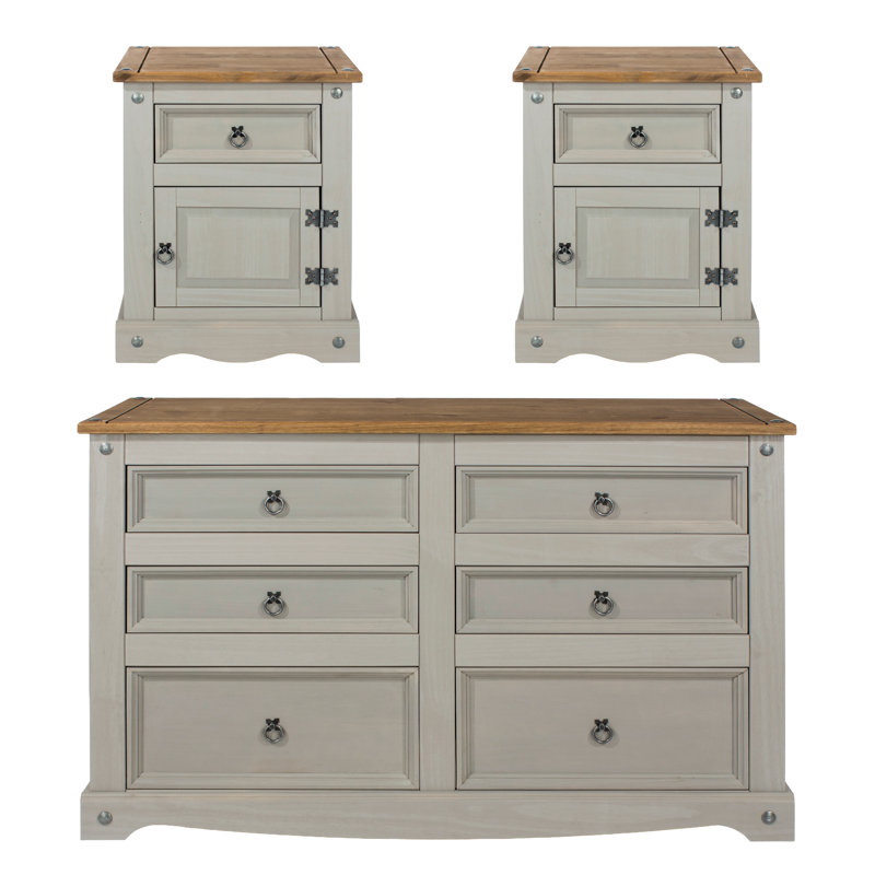 Solid Wood 3 Piece Bedroom Set, grey waxed finish