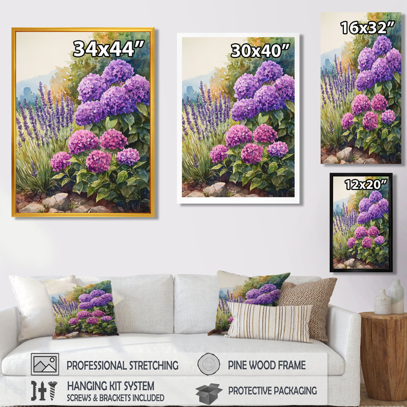 Hydrangeas and Lavender Garden II - Hydrangea, reproduction d'art sur toile encadrée, H 32 po x l 16 po, Brun