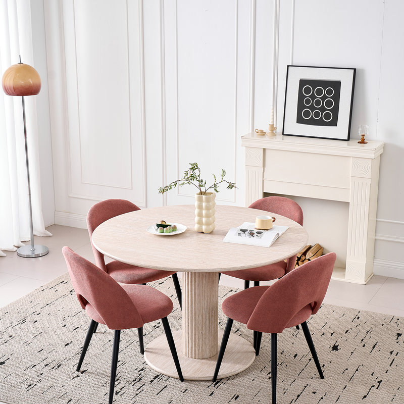 Set Of 4 Chairs - Modern Minimalist Horseshoe Velvet Dining Chair - Upholstered Hollow Back Chair - Black Metal Legs, Pink