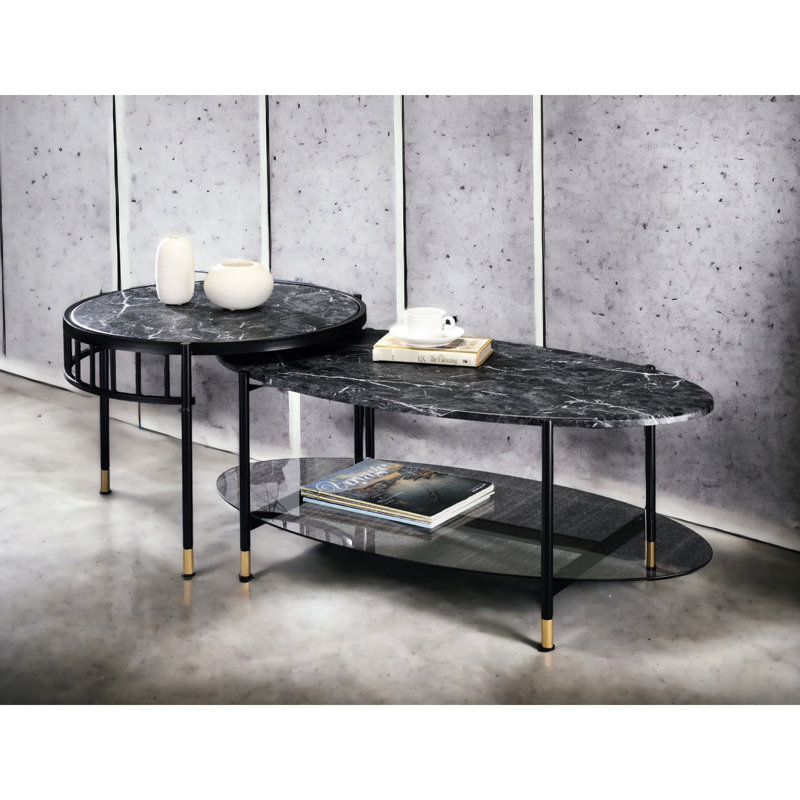 2 tables gigognes avec surfaces en pierre d'ingénierie et pieds en métal noir
