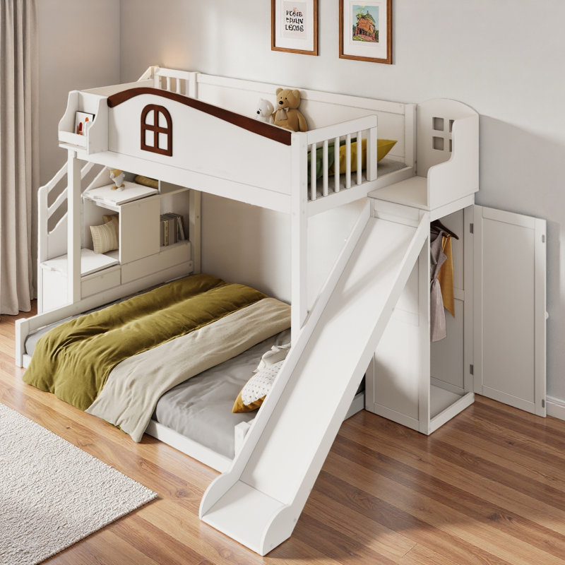 Lit superposé avec escalier de rangement, tablette, glissade et garde-robe, Blanc