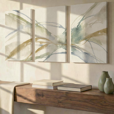 3 Pieces Exculisive Sage and Blue Abstract Large Wall Art Minimalist Watercolor Arcs Panoramic, Canvas Decor for Living Room, Bedroom and Office