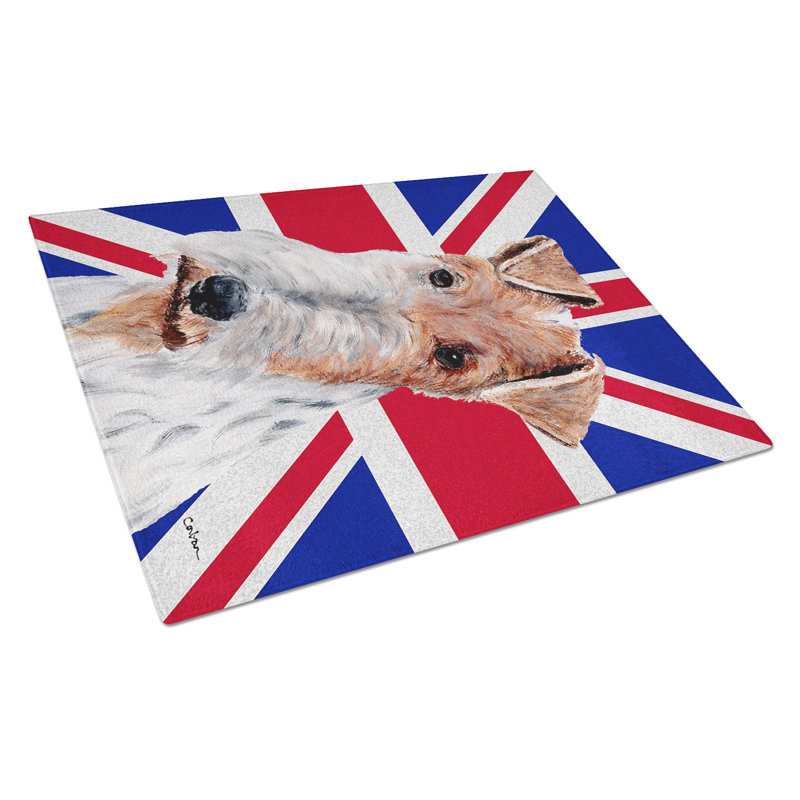 Terrier de fox en forme de caroline de trésors avec planche à découper en verre anglais britannique Union Jack